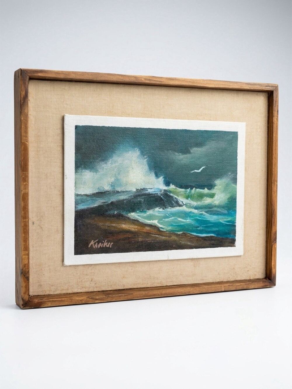 VTG Miniature Original Seascape Waves View Painting Signed Framed Board Coastal